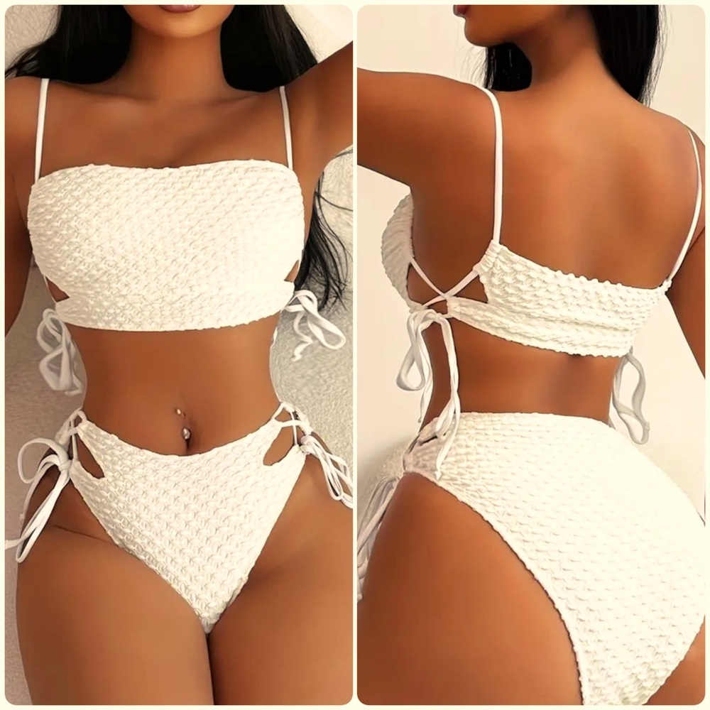 Cream Textured Bandeau High Waisted Bikini Set